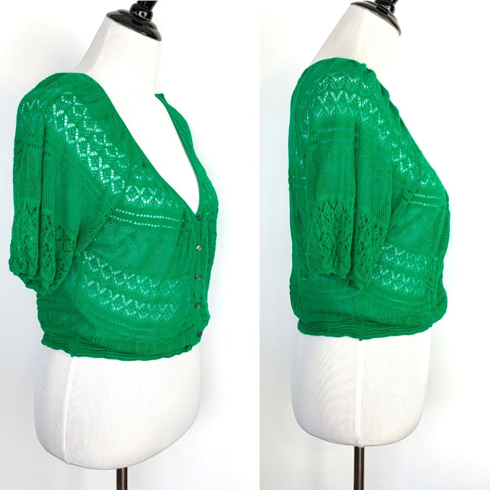 Free People Green Open Knit Short Sleeve Crop Top V-Neck Sz L - Picture 11 of 16